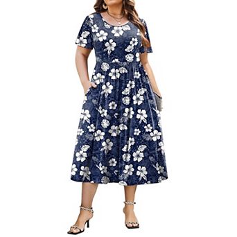 Zeagoo Plus Size Summer A-Line Midi Dress Casual Flowy Beach Sundress with Pockets
