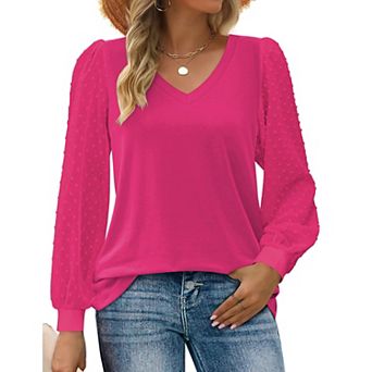 Zeagoo Blouses for Women Dressy Casual v Neck Top Swiss Dot Balloon Long Sleeve Top
