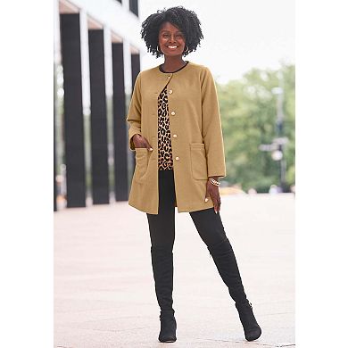 Jessica London Women's Plus Size Collarless Button Front Coat