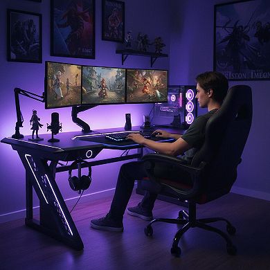 KAUFLY PU Leather Height Adjustable Gaming Chair with Flip-up Arms & Rolling Wheels