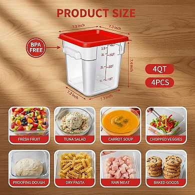 KAUFLY 4-Pack Clear Square Food Containers with Handles&Scale for Marinating&Dough Rising
