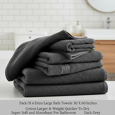 KAUFLY 4-Pack 30"x60" Cotton Bath Towels - Lightweight, Quick Dry, Super Soft & Absorbent