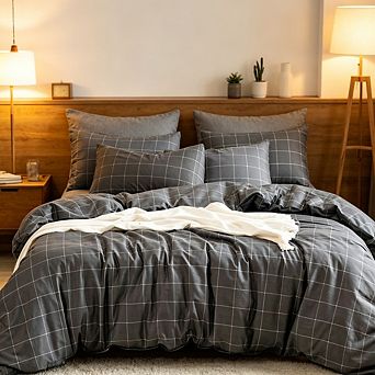 Grid Geometric Duvet Cover Set Queen, Natural Cotton 3 pc Bedding with Zipper & Corner Ties