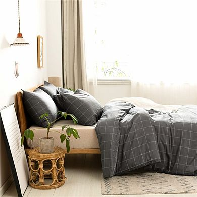 Grid Geometric Duvet Cover Set Queen, Natural Cotton 3-Piece Bedding with Zipper & Corner Ties