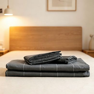 Grid Geometric Duvet Cover Set Queen, Natural Cotton 3-Piece Bedding with Zipper & Corner Ties