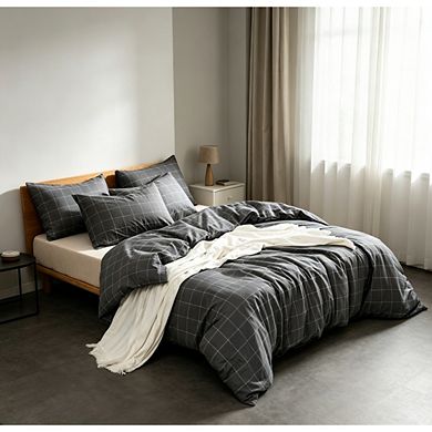 Grid Geometric Duvet Cover Set Queen, Natural Cotton 3-Piece Bedding with Zipper & Corner Ties