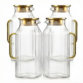 JUANWANG Square Glass Pitcher 4-Pack, 2L with Lid, Striped Design