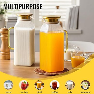 JUANWANG Square Glass Pitcher 4-Pack, 2L with Lid, Striped Design