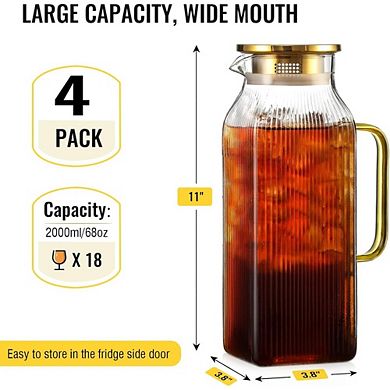 JUANWANG Square Glass Pitcher 4-Pack, 2L with Lid, Striped Design