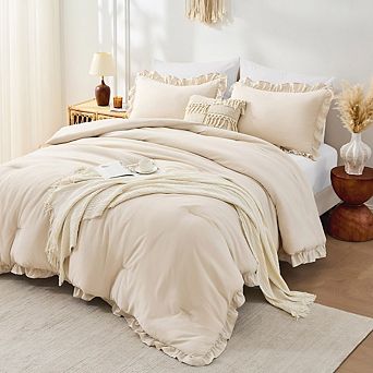 Beige Farmhouse Ruffle Comforter Set Queen Size, 3 pc All-Season Bedding with 2 Pillow Shams