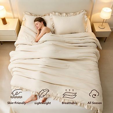 Beige Farmhouse Ruffle Comforter Set Queen Size, 3-Piece All-Season Bedding with 2 Pillow Shams