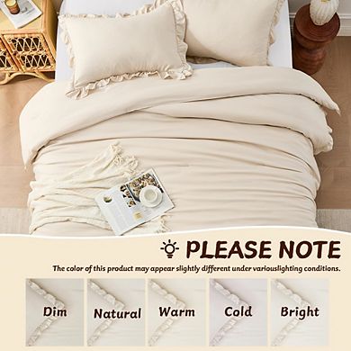 Beige Farmhouse Ruffle Comforter Set Queen Size, 3-Piece All-Season Bedding with 2 Pillow Shams