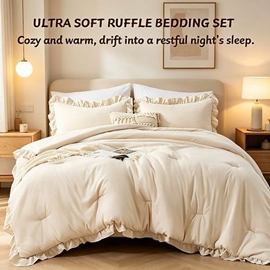Beige Farmhouse Ruffle Comforter Set Queen Size, 3-Piece All-Season Bedding with 2 Pillow Shams