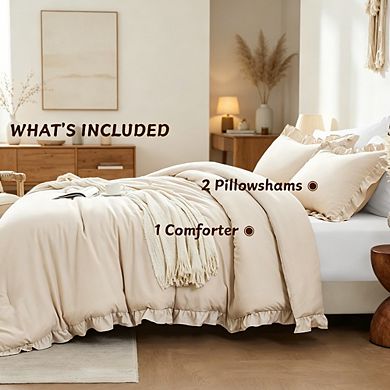 Beige Farmhouse Ruffle Comforter Set Queen Size, 3-Piece All-Season Bedding with 2 Pillow Shams