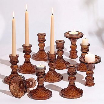 MOEPLSY Amber Glass Taper Candle Holders, 12 pc Vintage Candlestick Set for Home Decor