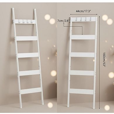 KAUFLY 5-Tier Wall-Leaning Blanket Ladder with Hooks,Towel Rack for Living Room Bedroom