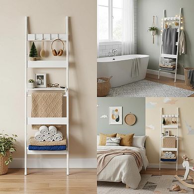 KAUFLY 5-Tier Wall-Leaning Blanket Ladder with Hooks,Towel Rack for Living Room Bedroom