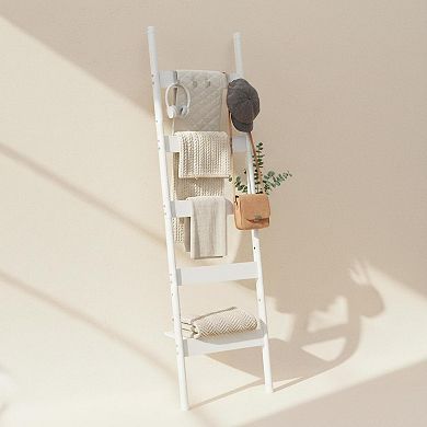 KAUFLY 5-Tier Wall-Leaning Blanket Ladder with Hooks,Towel Rack for Living Room Bedroom