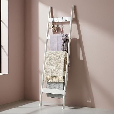 KAUFLY 5-Tier Wall-Leaning Blanket Ladder with Hooks,Towel Rack for Living Room Bedroom