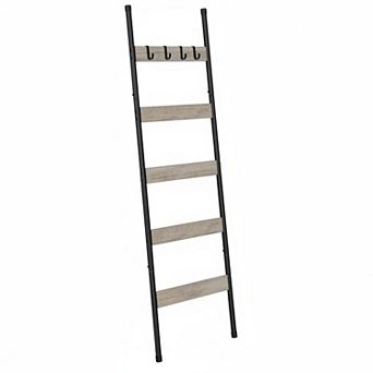 KAUFLY 5 tier Wall-Leaning Blanket Ladder with Hooks,Towel Rack for Living Room Bedroom