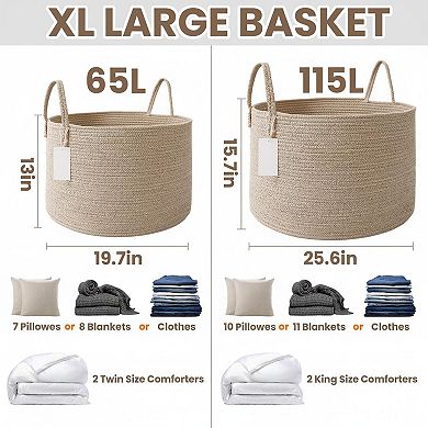 KAUFLY 65L Woven Cotton Rope Blanket Storage Basket with Reinforced Handles