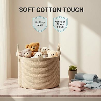 KAUFLY 65L Woven Cotton Rope Blanket Storage Basket with Reinforced Handles