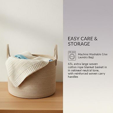 KAUFLY 65L Woven Cotton Rope Blanket Storage Basket with Reinforced Handles