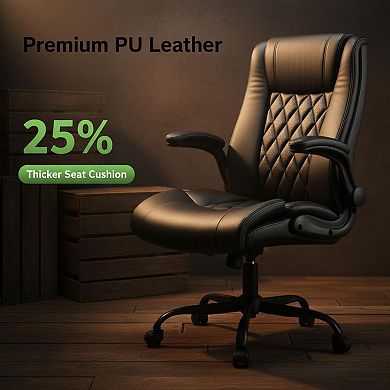 KAUFLY Ergonomic PU Leather Office Chair, Flip-up Armrests & Swivel