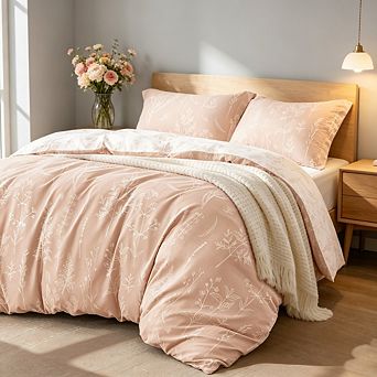 Pink Full Size 3 pc Comforter Set, Reversible Botanical Floral Bedding Set with Pillow Shams