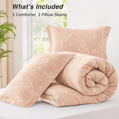 Pink Full Size 3-Piece Comforter Set, Reversible Botanical Floral Bedding Set with Pillow Shams