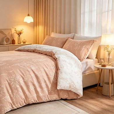 Pink Full Size 3-Piece Comforter Set, Reversible Botanical Floral Bedding Set with Pillow Shams