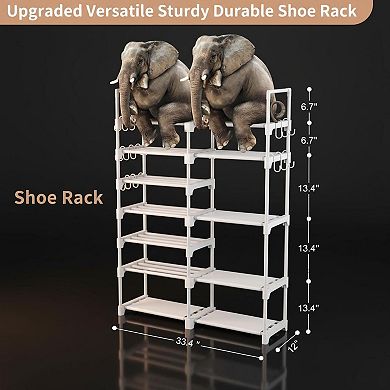 KAUFLY 8-Tier Metal Shoe Rack 26-32 Pairs w/15 Hooks Stackable