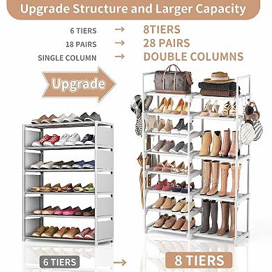 KAUFLY 8-Tier Metal Shoe Rack 26-32 Pairs w/15 Hooks Stackable