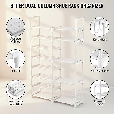 KAUFLY 8-Tier Metal Shoe Rack 26-32 Pairs w/15 Hooks Stackable