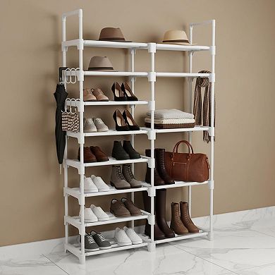 KAUFLY 8-Tier Metal Shoe Rack 26-32 Pairs w/15 Hooks Stackable