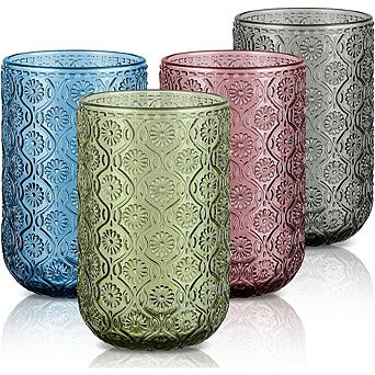 4 pc Vintage Glass Set Embossed Floral Highball Tumblers for Drinks