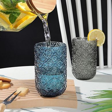 4-Piece Vintage Glass Set Embossed Floral Highball Tumblers for Drinks
