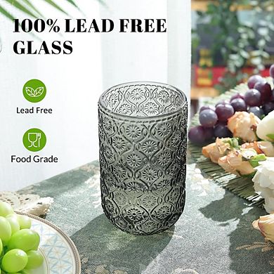 4-Piece Vintage Glass Set Embossed Floral Highball Tumblers for Drinks