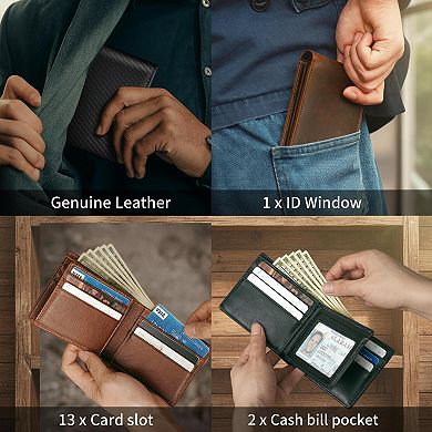 KAUFLY Men's Leather RFID Wallet, 13 Cards+ID+2 Pockets, Gift Box