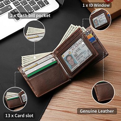 KAUFLY Men's Leather RFID Wallet, 13 Cards+ID+2 Pockets, Gift Box