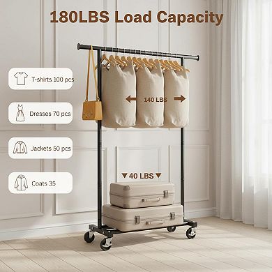 KAUFLY Clothes Rack, 360° Wheels, 180lb Capacity, Portable for Bed/Laundry