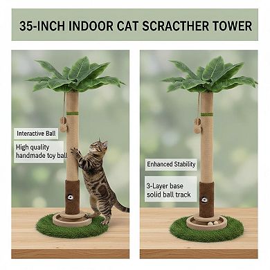 KAUFLY 35"Cat Tree Tower with Mouse Hole,Wooden Balls & Sisal Posts for Indoor Cats