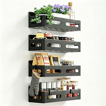 4-Pack Magnetic Fridge Shelf Organizer with 4 Hooks, Strong Magnetic Spice Rack for Kitchen