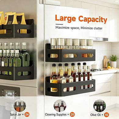 4-Pack Magnetic Fridge Shelf Organizer with 4 Hooks, Strong Magnetic Spice Rack for Kitchen