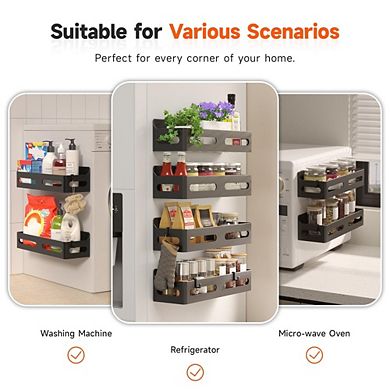 4-Pack Magnetic Fridge Shelf Organizer with 4 Hooks, Strong Magnetic Spice Rack for Kitchen