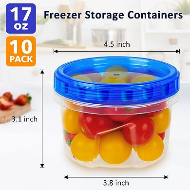 10 Pack 17oz Reusable Freezer Storage Containers with Twist Top Lids Airtight, Clear Plastic Food