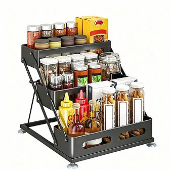 3 tier Foldable Spice Rack Organizer, Iron Construction for Countertop & Cabinet Storage, Black