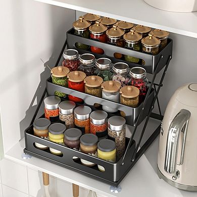 3-Tier Foldable Spice Rack Organizer, Iron Construction for Countertop & Cabinet Storage, Black