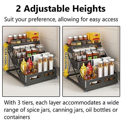 3-Tier Foldable Spice Rack Organizer, Iron Construction for Countertop & Cabinet Storage, Black
