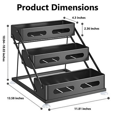 3-Tier Foldable Spice Rack Organizer, Iron Construction for Countertop & Cabinet Storage, Black